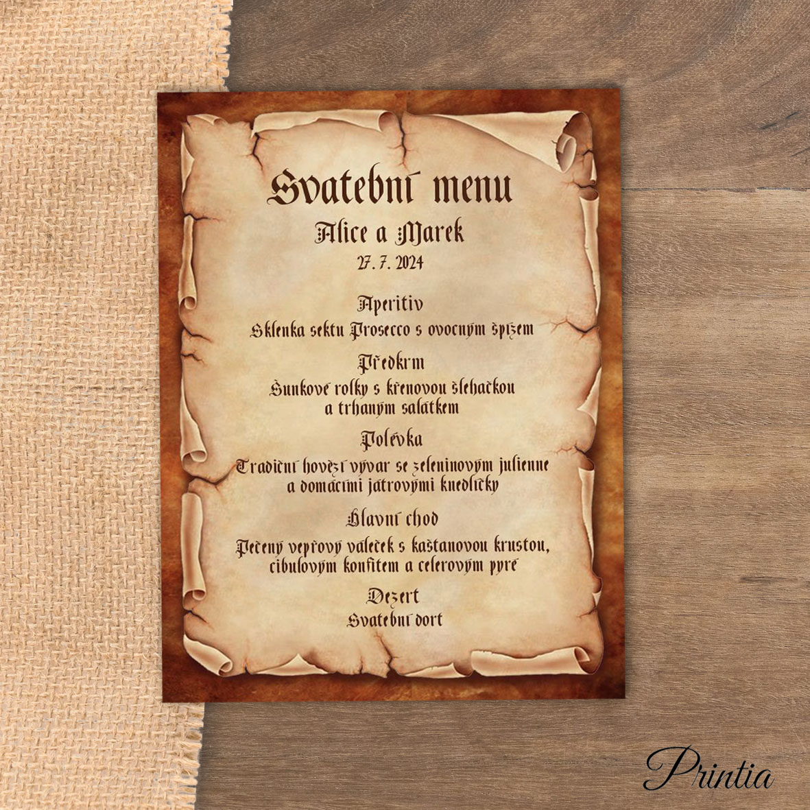 Svadobné menu pergamen