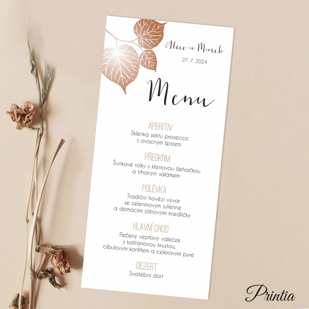 Wedding menu glossy linden leaves