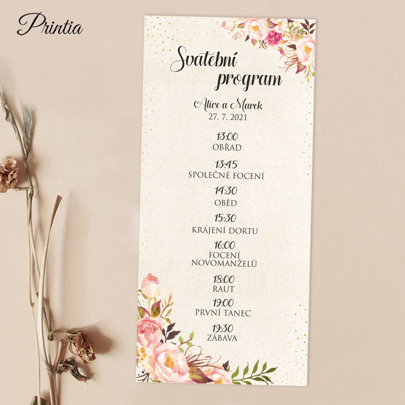 Wedding timeline with flowers and golden dots