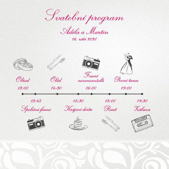 Square wedding timeline with shiny ornament