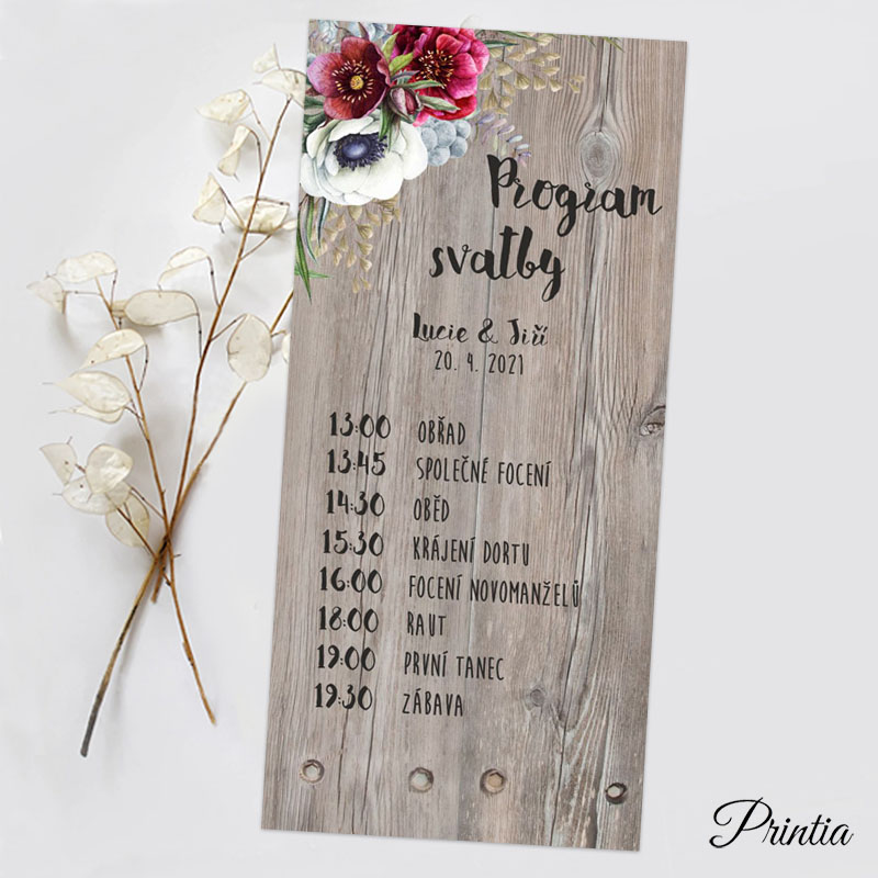 Wedding timeline flowers on wooden background