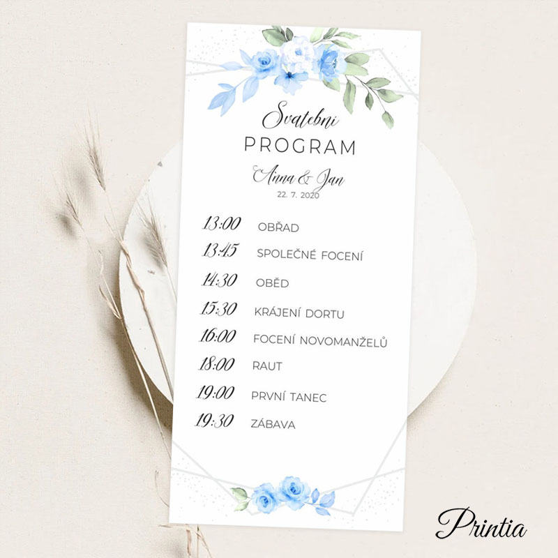 Svadobný program s modrými akvarelovými kvetinami