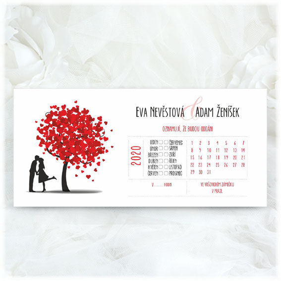 Calendar wedding invitation tree with couple