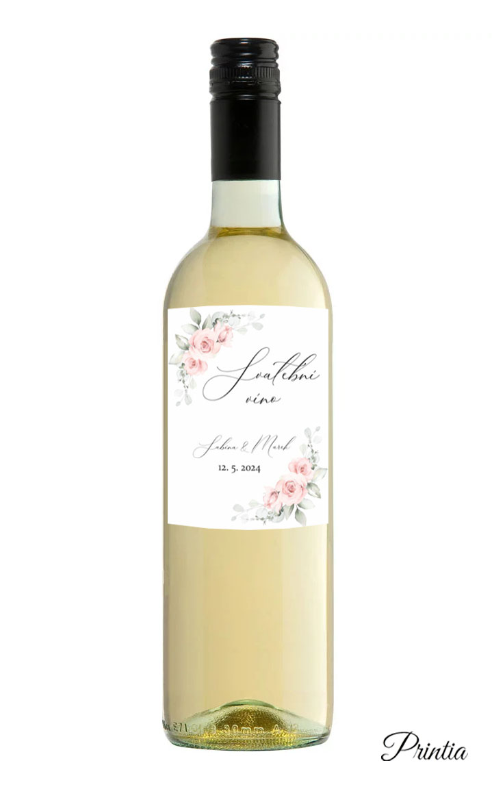 Wedding wine label with pink flowers