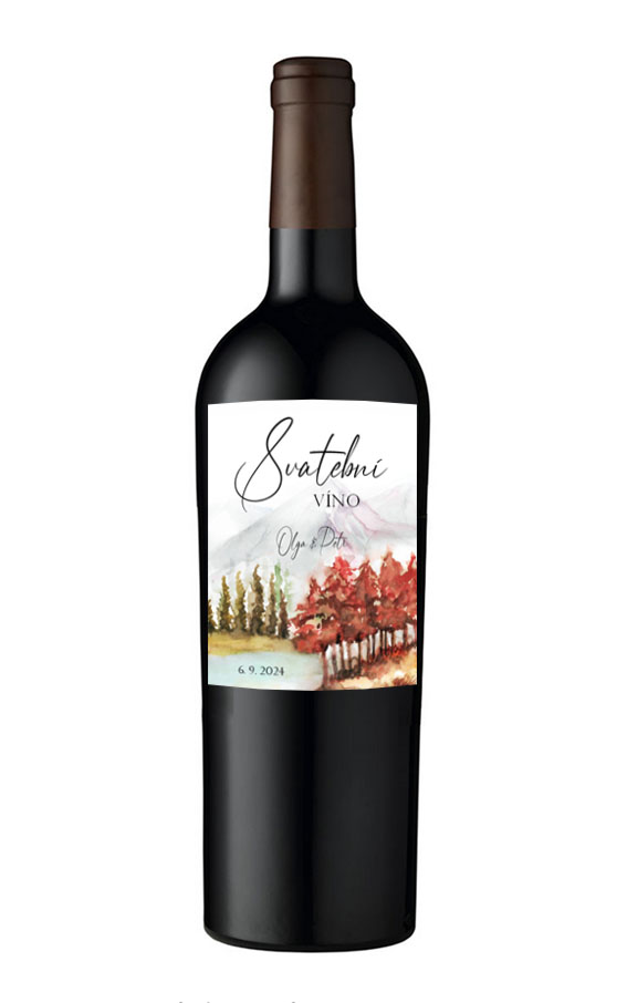 Wedding wine label with autumn landscape