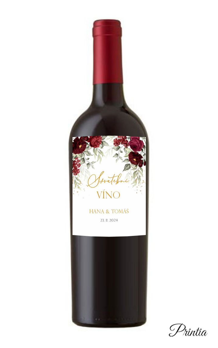 Etiketa na svadobné víno s červenými kvetmi