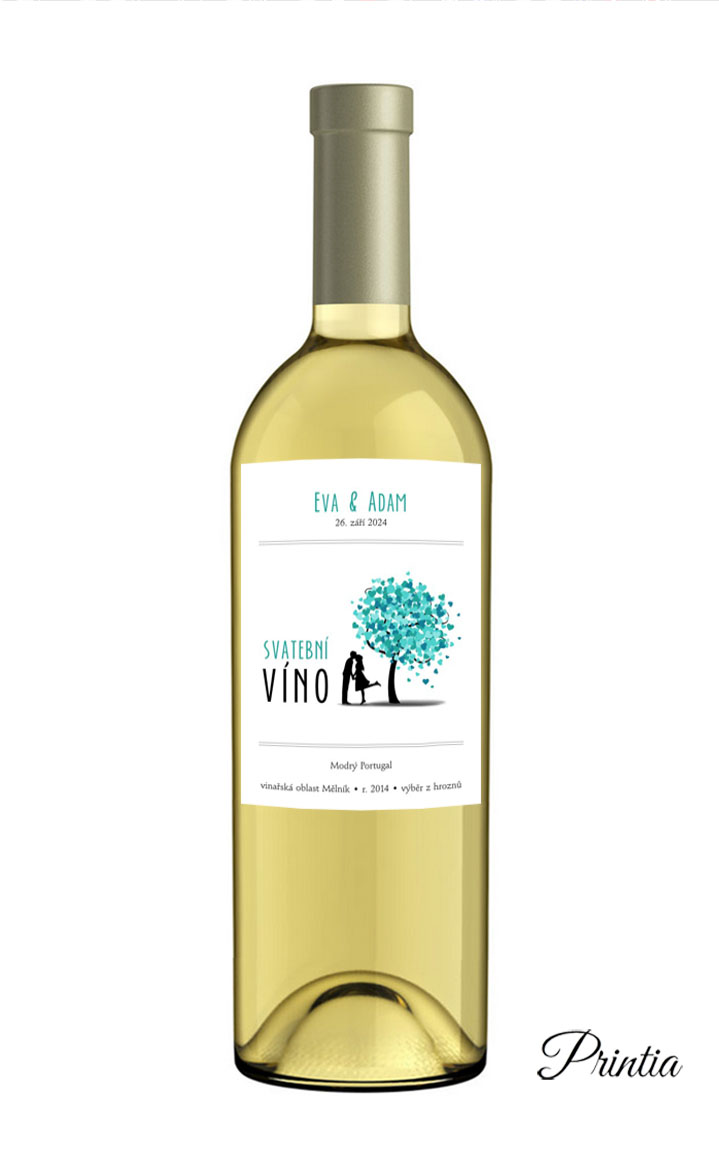 Wedding wine label with turquoise tree 