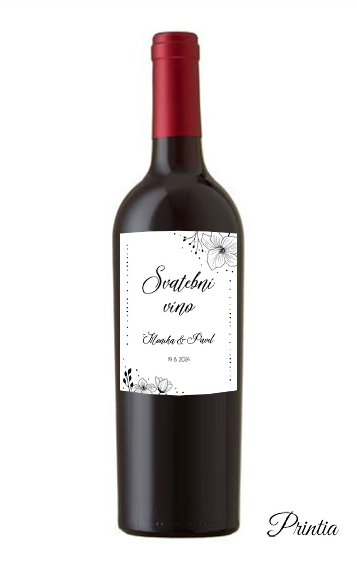 Wedding wine label with black flowers