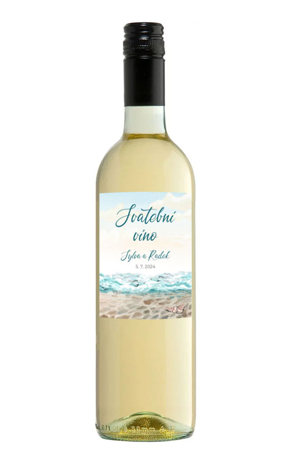 Etiketa na svadobné víno s plážou a morom