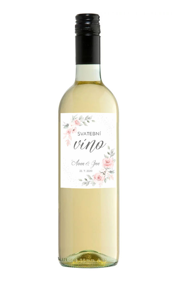 Wedding wine label with pink flowers