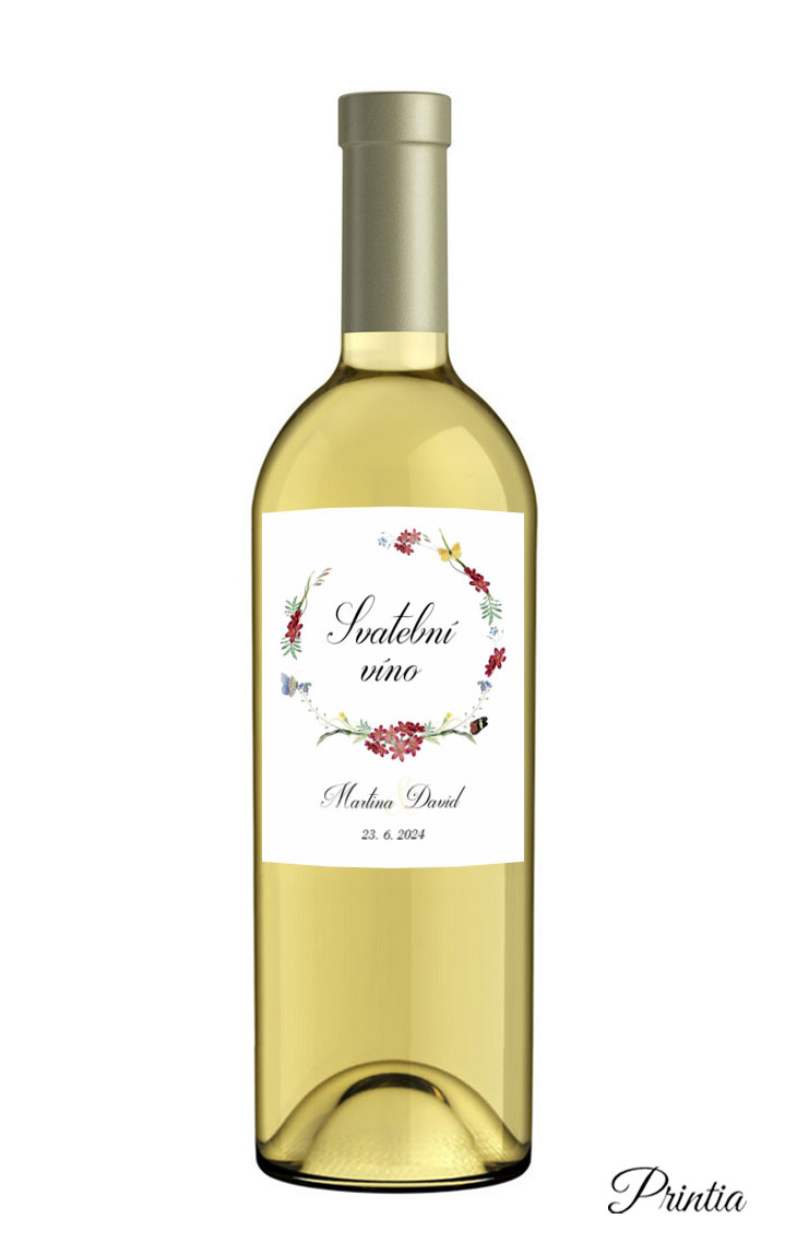 Wedding wine label with a wreath of meadow flowers