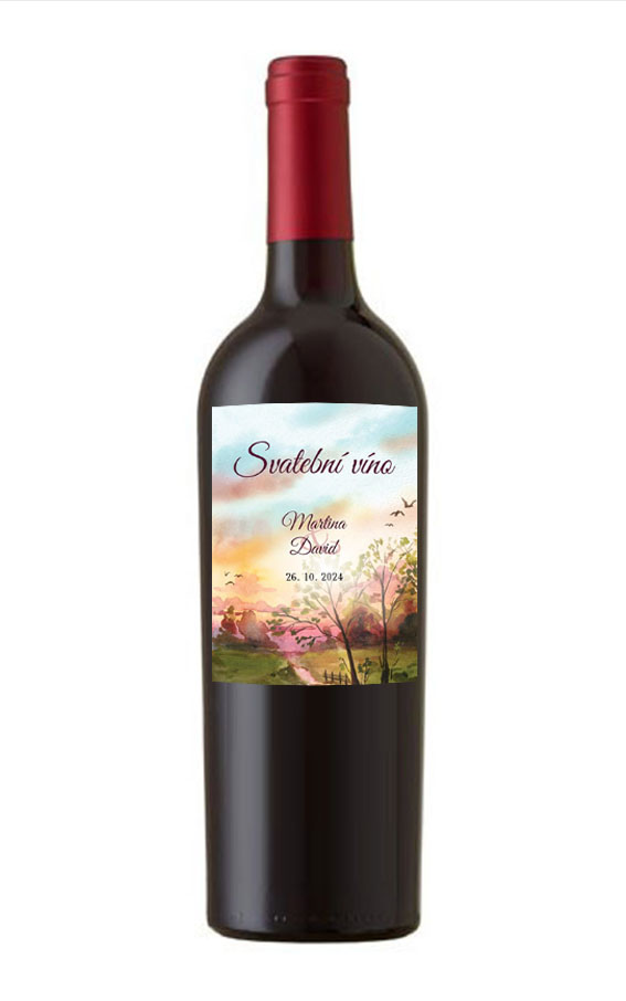 Wedding wine label with autumn landscape