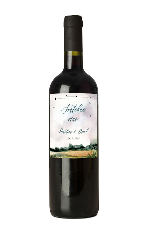 Wedding wine label with a landscape with birds