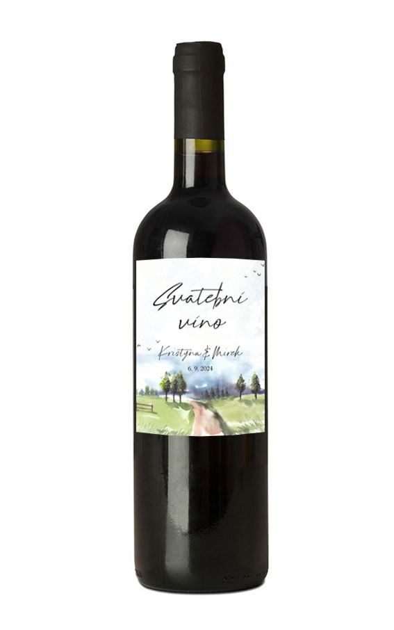 Wedding wine label with trees around the path