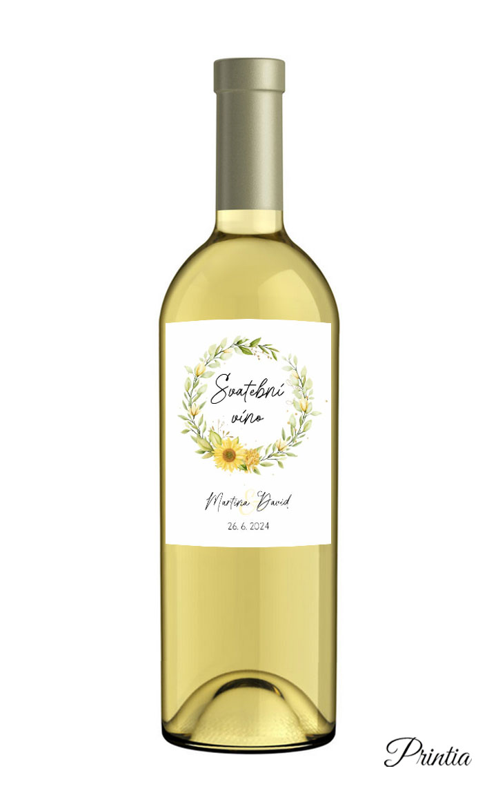 Wedding wine label with a sunflower wreath