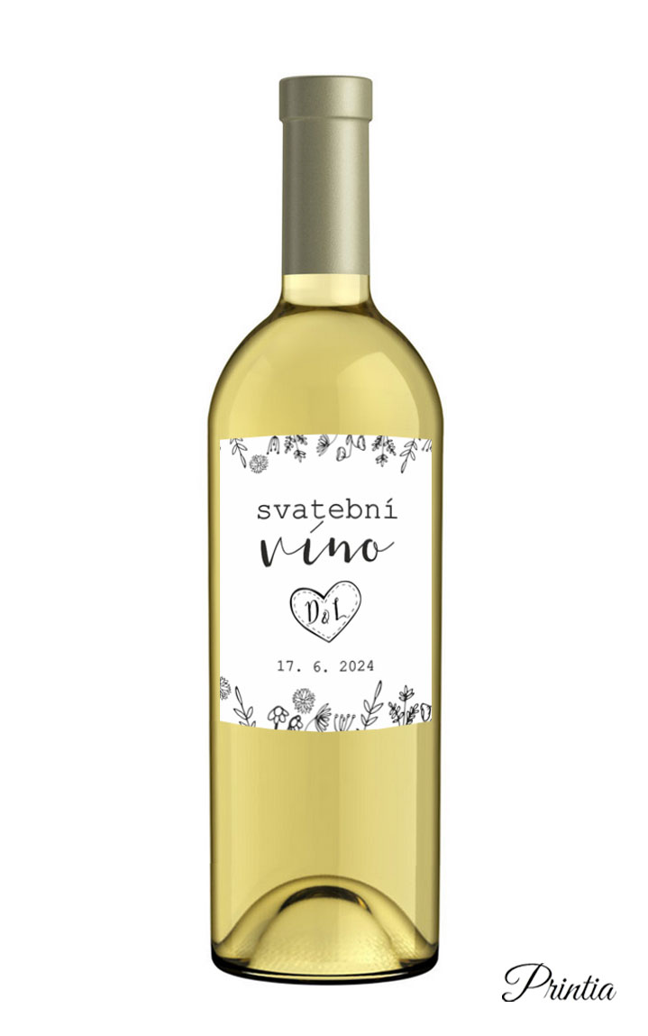 Wedding wine label with simple meadow flowers