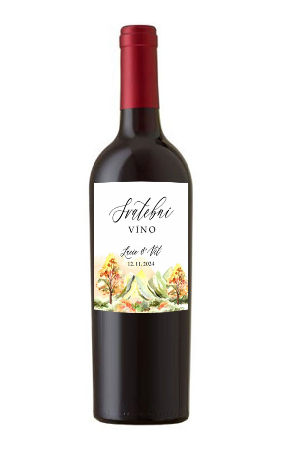 Wedding wine label with autumn landscape