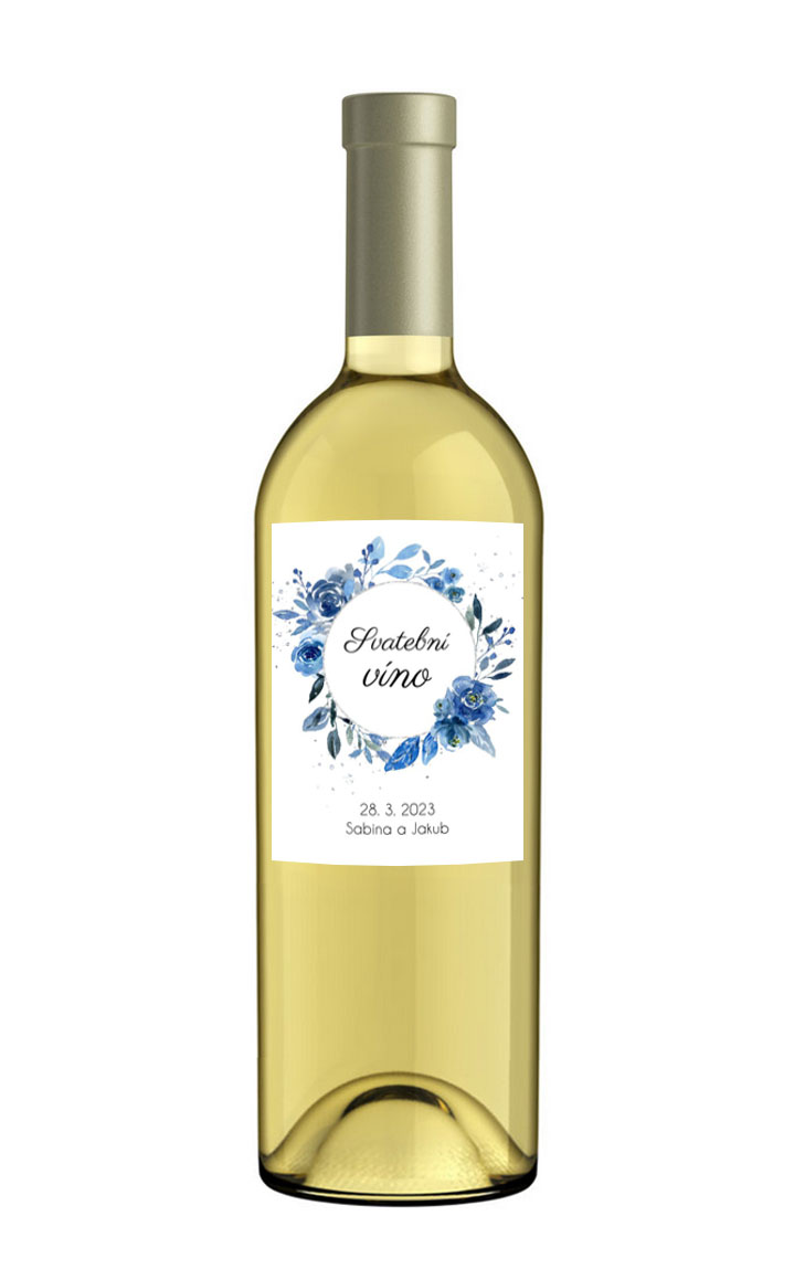 Etiketa na svadobné víno s modrými kvetmi 