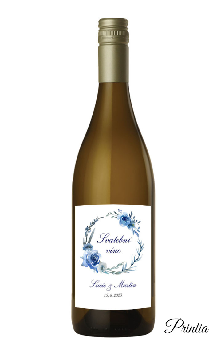 Wedding wine label with blue floral circle