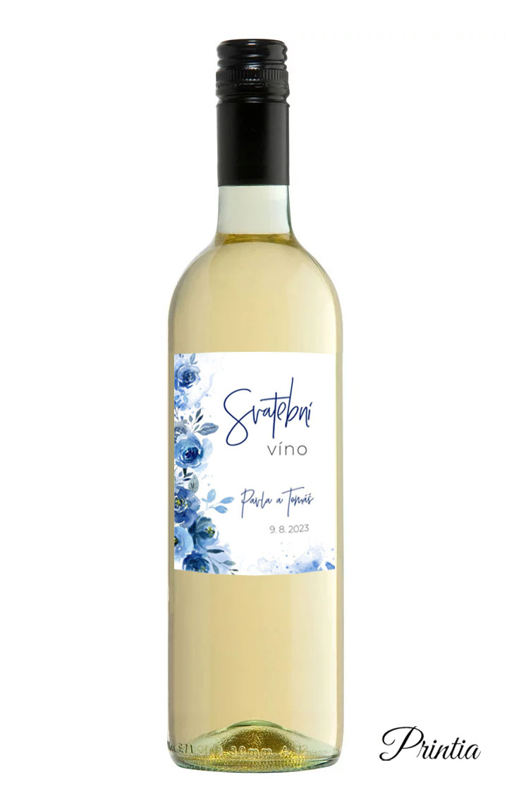 Wedding wine labels with blue flowers 