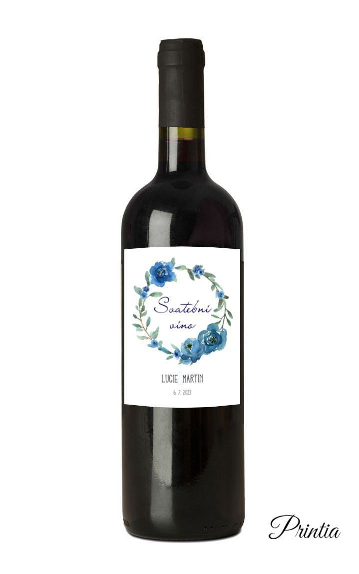 Wedding wine label with a wreath of blue flowers 