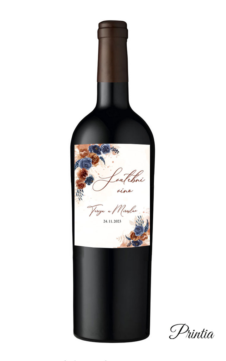 Wedding wine label with blue and brown-orange flowers
