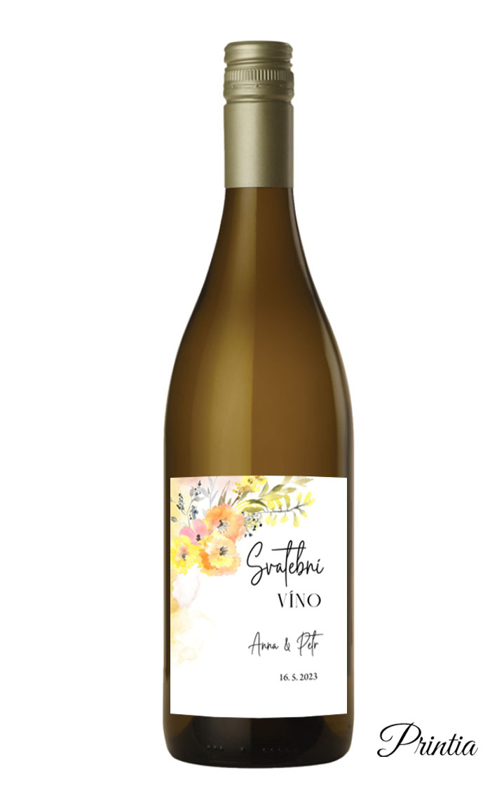 Wedding wine label with yellow flowers