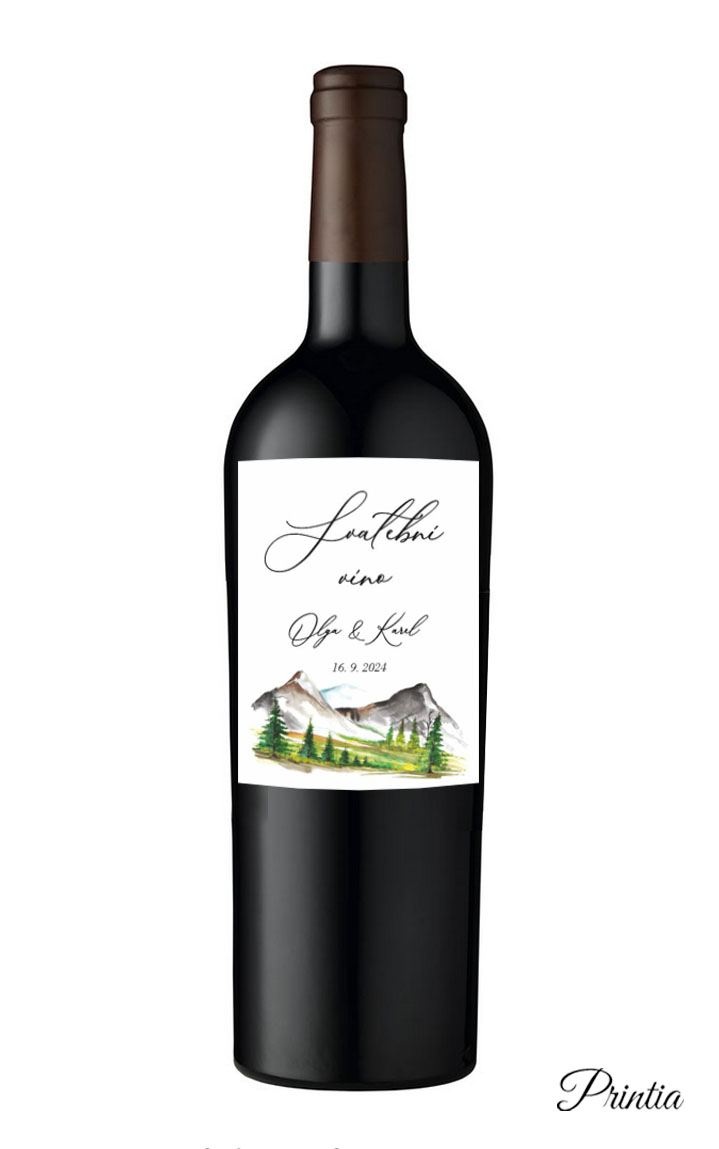 Etiketa na svadobné víno s motívom hôr