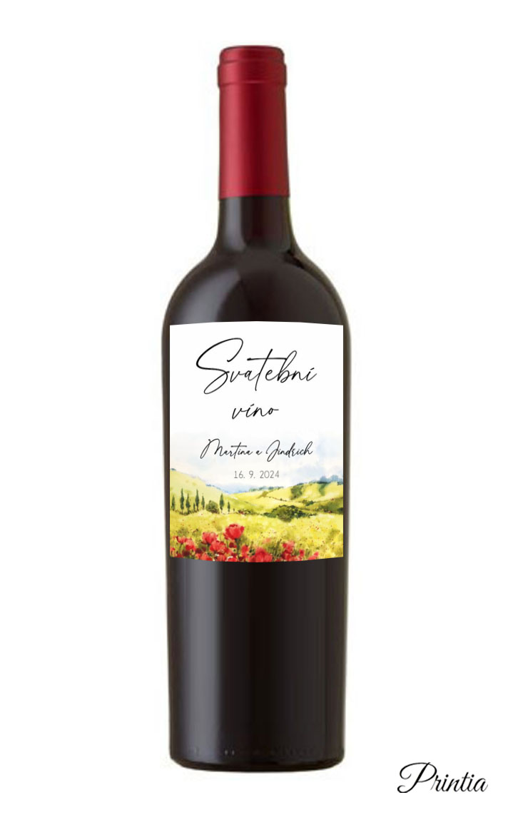 Wedding wine label with poppies