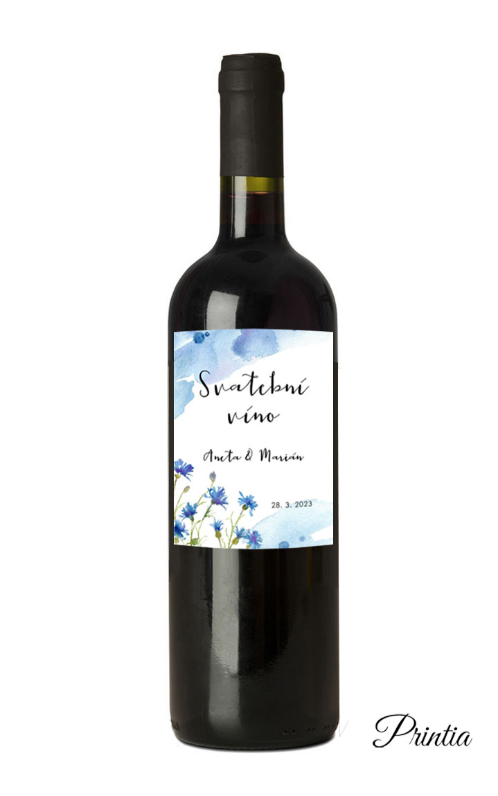 Wedding wine label with cornflowers