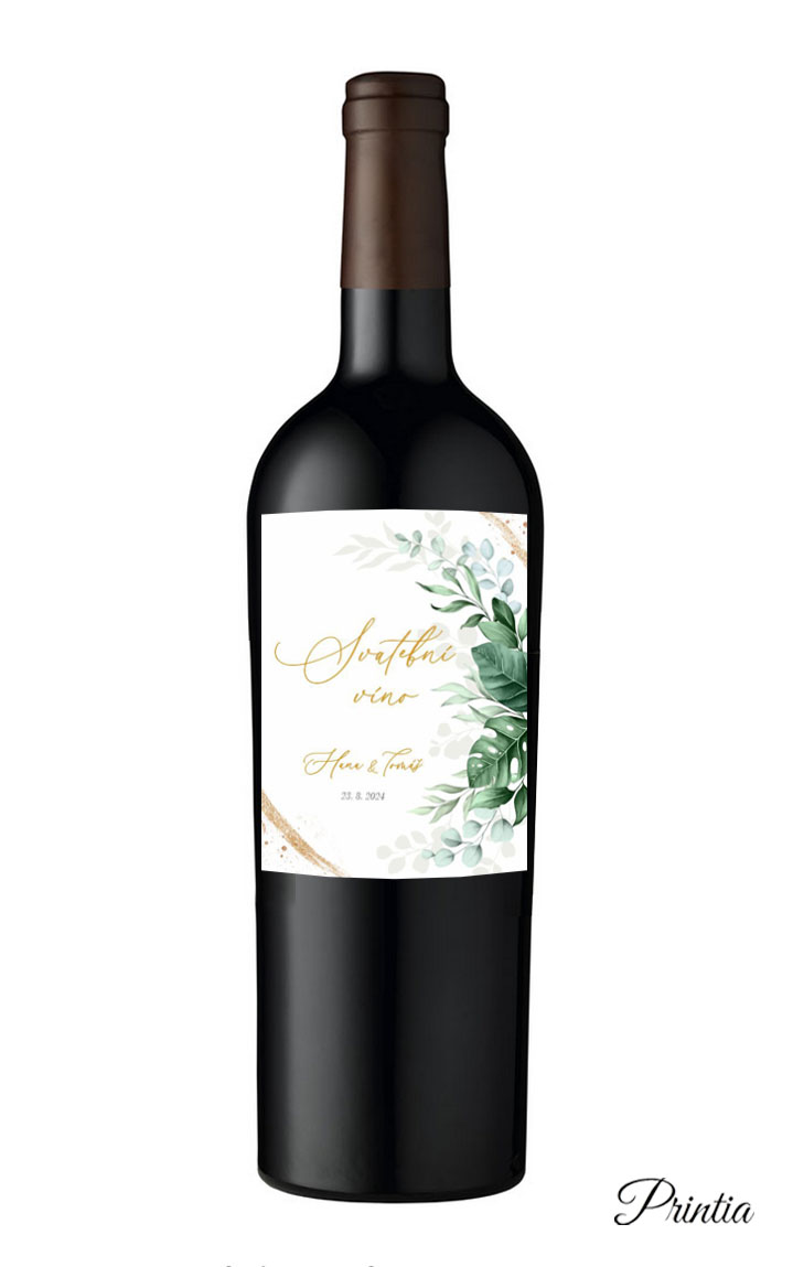 Wedding wine label with green leaves
