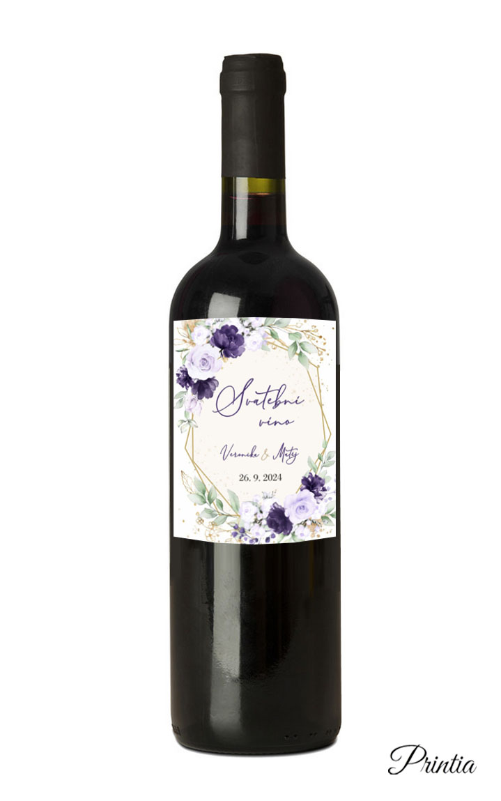 Wedding wine label with purple flowers