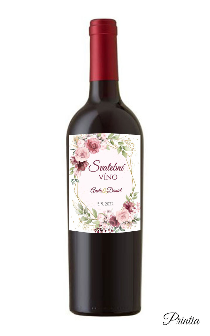 Wedding wine label with flowers and golden elements