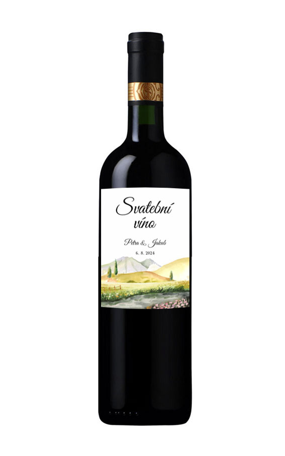 Wedding wine label with mountains and meadow