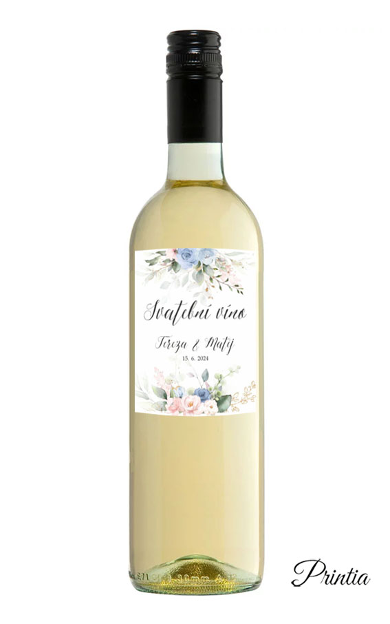 Wedding wine label with pink and blue flowers