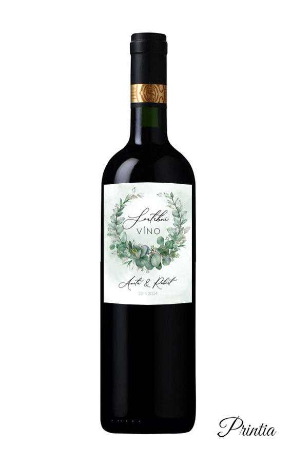 Wedding wine label with eucalyptus wreath