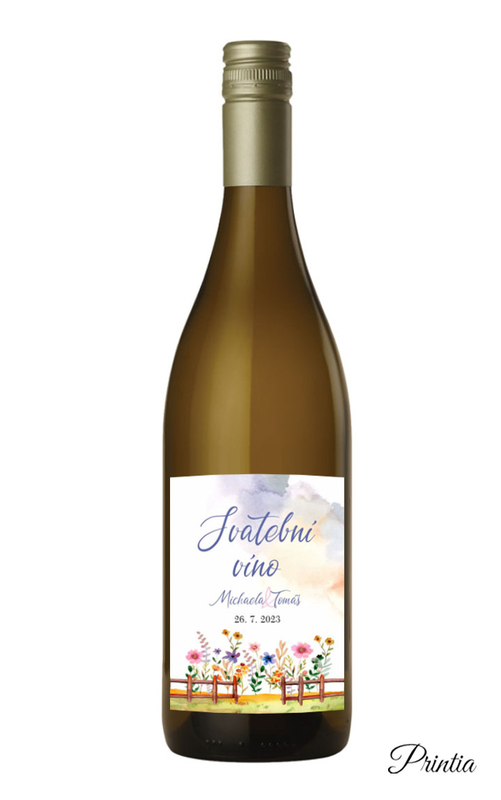 Self-adhesive wedding wine label with flowers