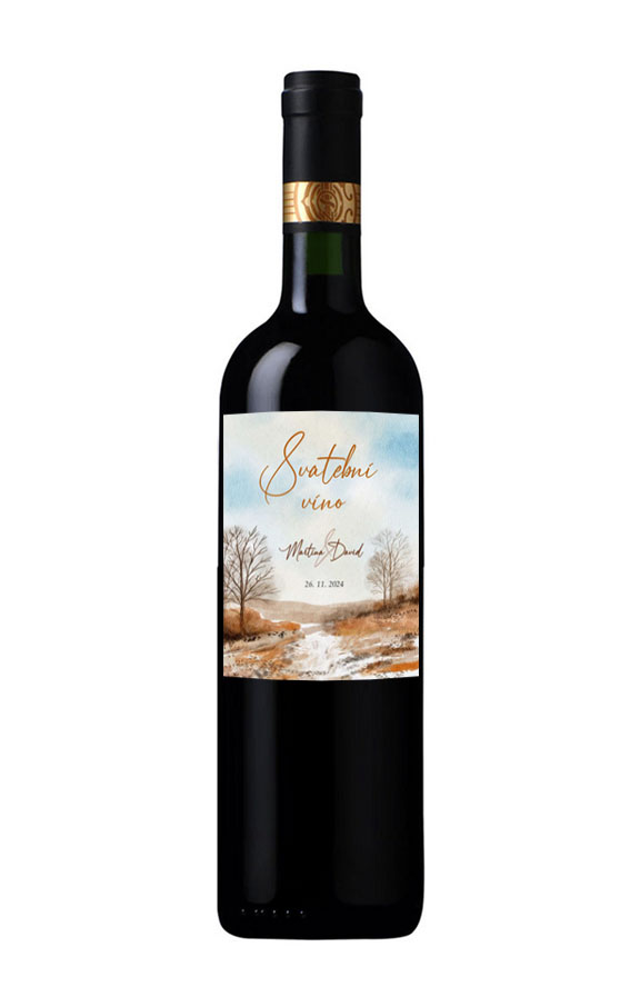 Wedding wine label with autumn landscape