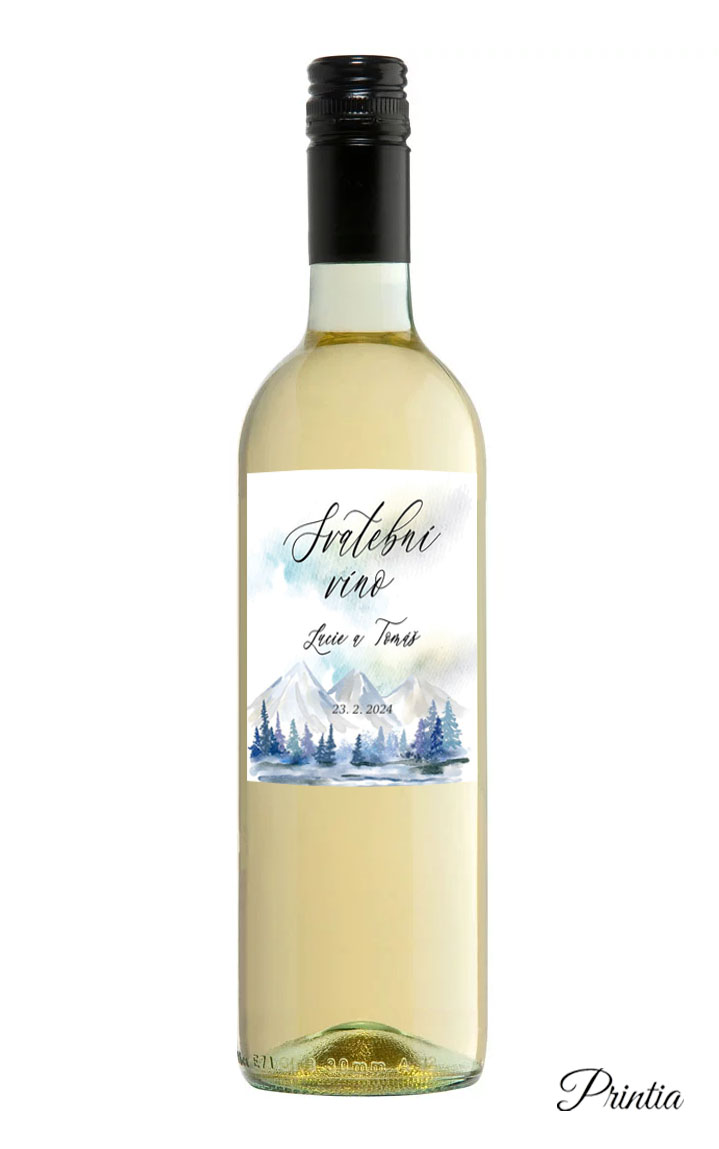 Etiketa na svadobné víno s motívom hôr