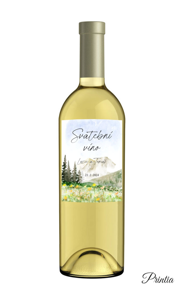 Wedding wine label with blooming meadow