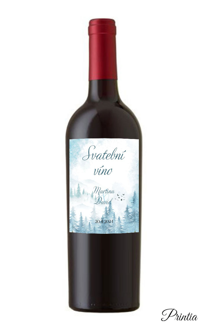 Wedding wine label with snowy landscape