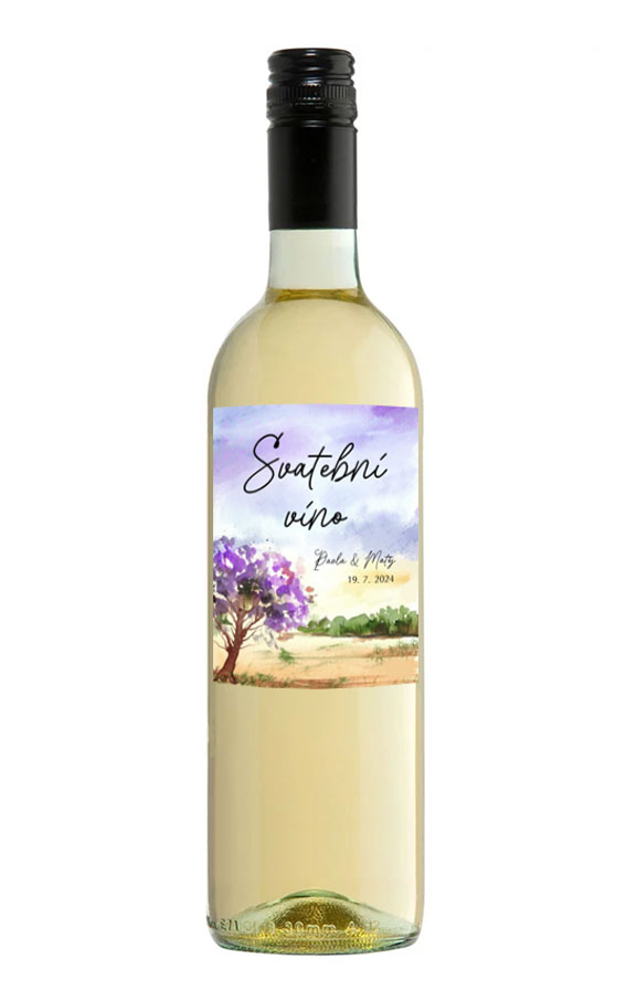 Wedding wine label with purple tree