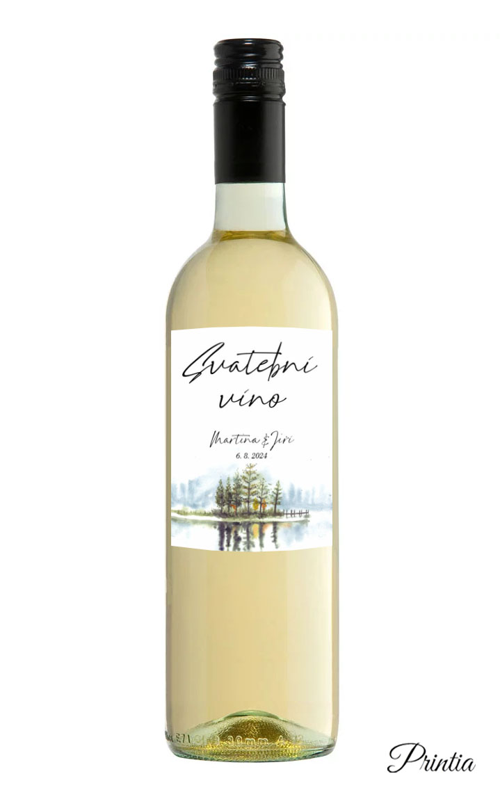 Wedding wine label with trees by the lake