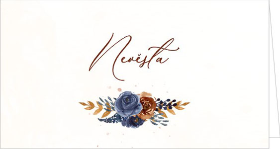 Wedding name cards with blue and brown-orange flowers 