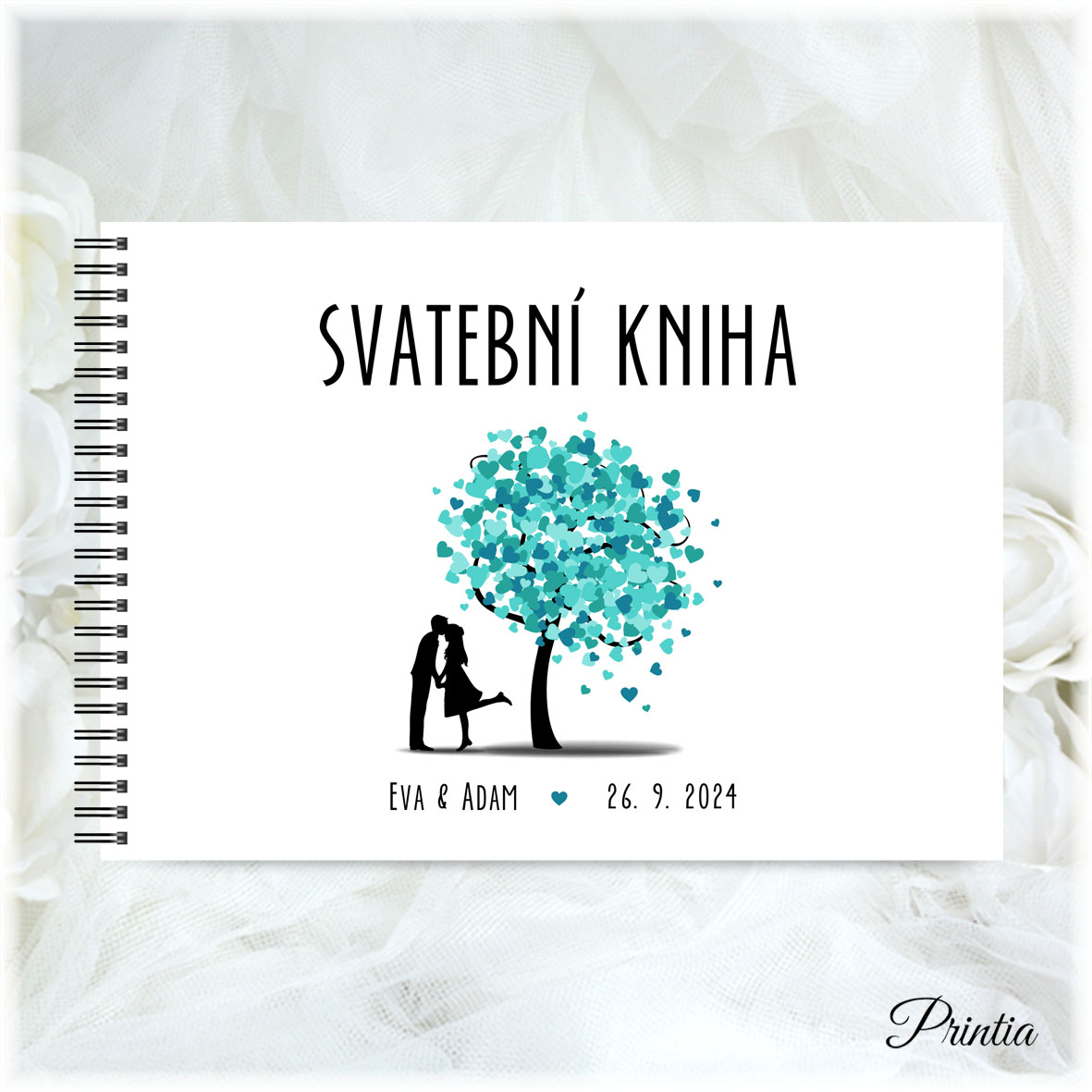 Wedding book with a couple under a turquoise tree