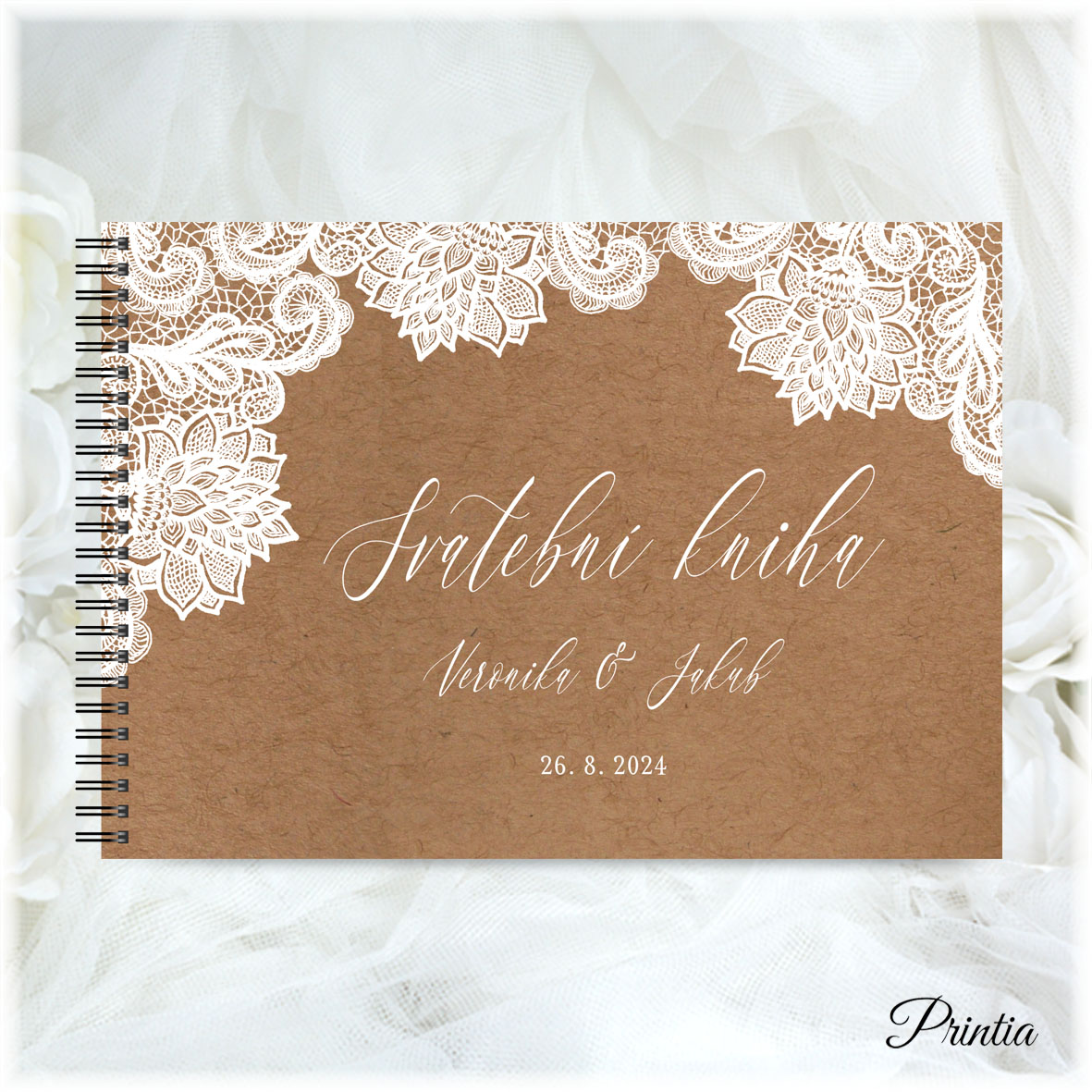 Wedding book with kraft background and white lace