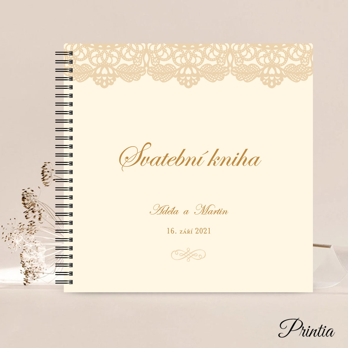 Square wedding book with printed lace ornament
