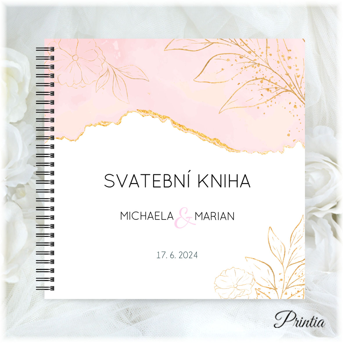Růžová svatební kniha s květinami