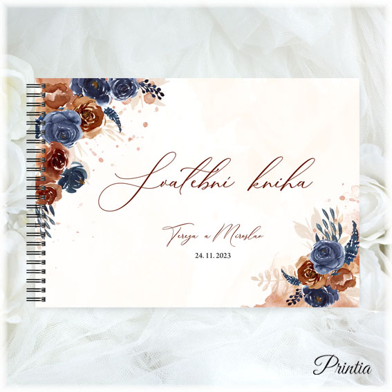 Wedding book with blue and brown-orange flowers