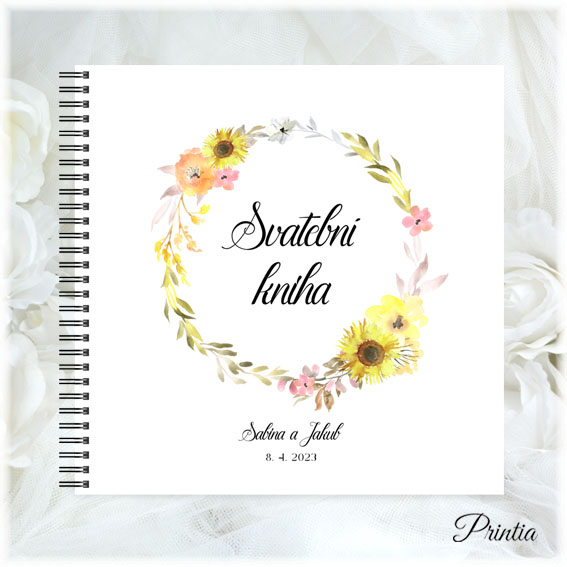 Wedding book with flower wreath with sunflowers